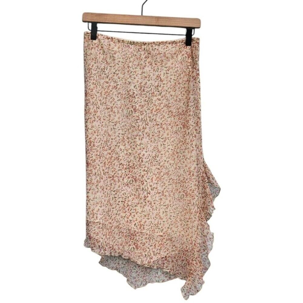 Y2K Floral Asymmetrical Skirt size M Pink Ditsy Print Ruffle Hem Cottagecore